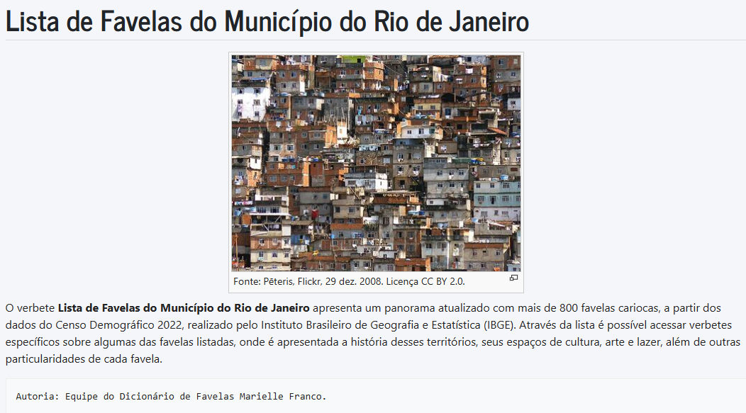 Verbetes sobre Favelas cadastrados na WikiFavelas - Rio de Janeiro (RJ)